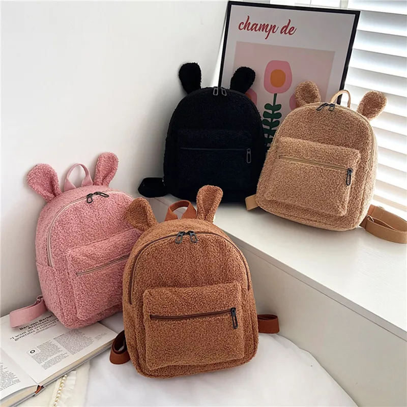 

2022 Newest Fuzzy Rabbit Shaped Backpack Solid Color Fluffy Wild Soft Plush School Bag with Bunny Ears for Little Girls