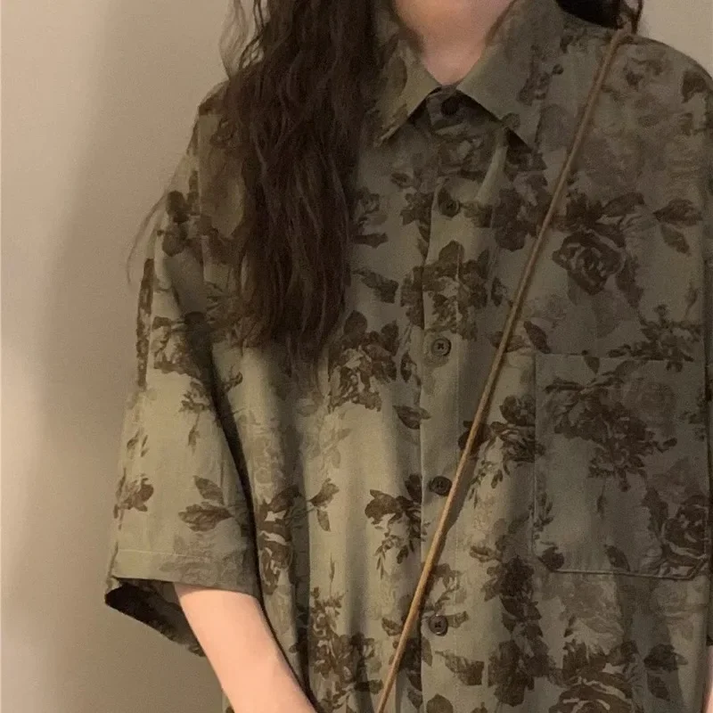 Женская винтажная рубашка с коротким рукавом летняя нейтральная цветочной