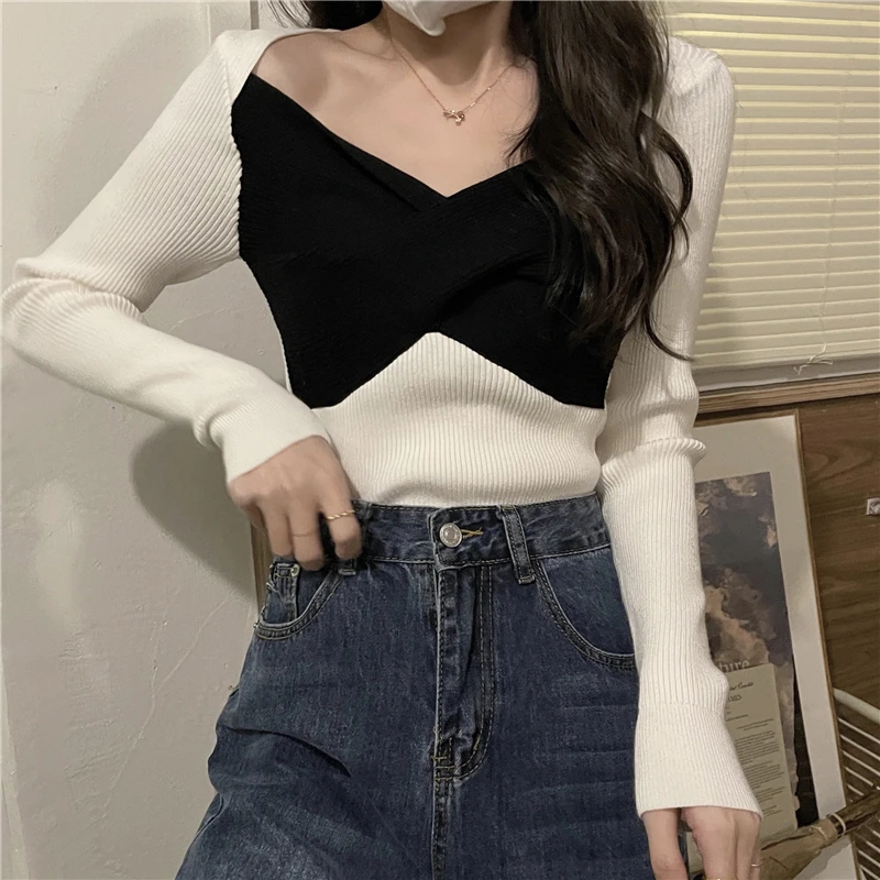 

Pullovers Women Criss-cross Sexy Tender Temperament Leisure Stylish Long Sleeve Slim French Style Harajuku Sweater New Arrivals