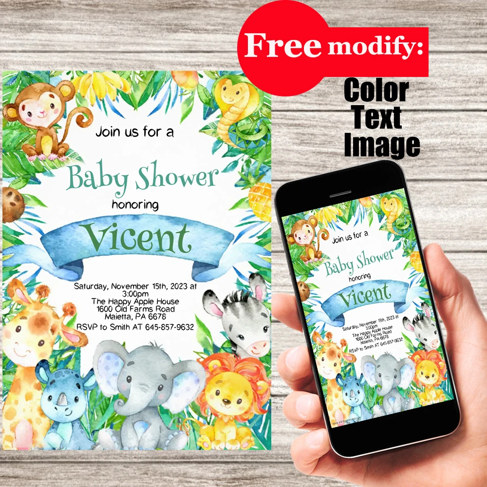 

100pcs Custom Print Wild Animals Invitations Cards Kids Birthday Baby Shower Elephant Table Insert Cards Events Party