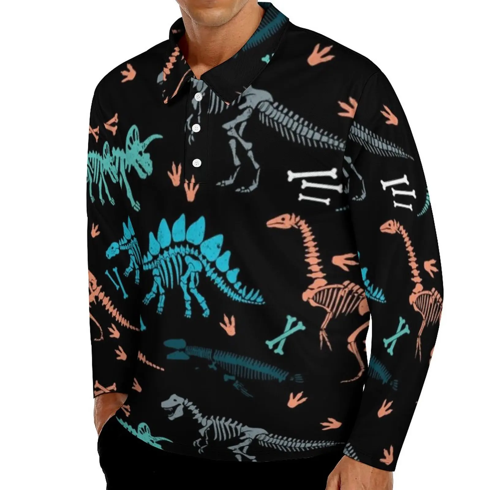 

Футболка-поло мужская с длинным рукавом, Повседневная рубашка с забавным принтом динозавра, скелета, уличная одежда, Осенний узор, 3XL, 4XL, 5XL