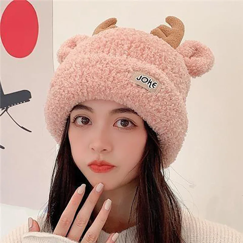 Cute Antler Cap Female Girls Winter Fuzzy Windproof Warm Hood Hats Cuddly Cartoon Plush Hat Women Casual Cosplay Friend Gift