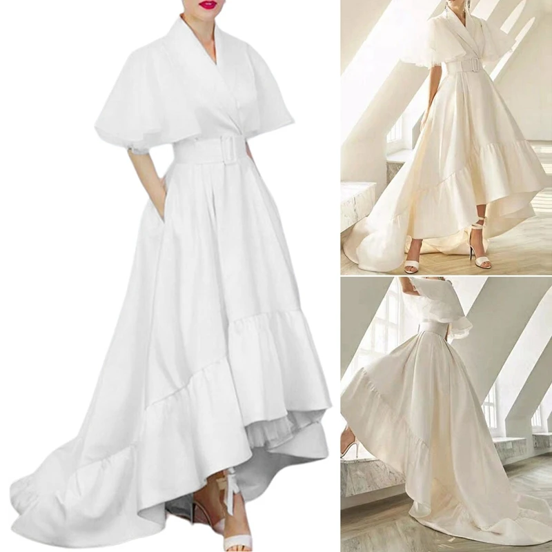 

Women's White Elegant Dress French Style Solid Color Ruffle Sleeve Lace-Up Dress Female Four Seasons White