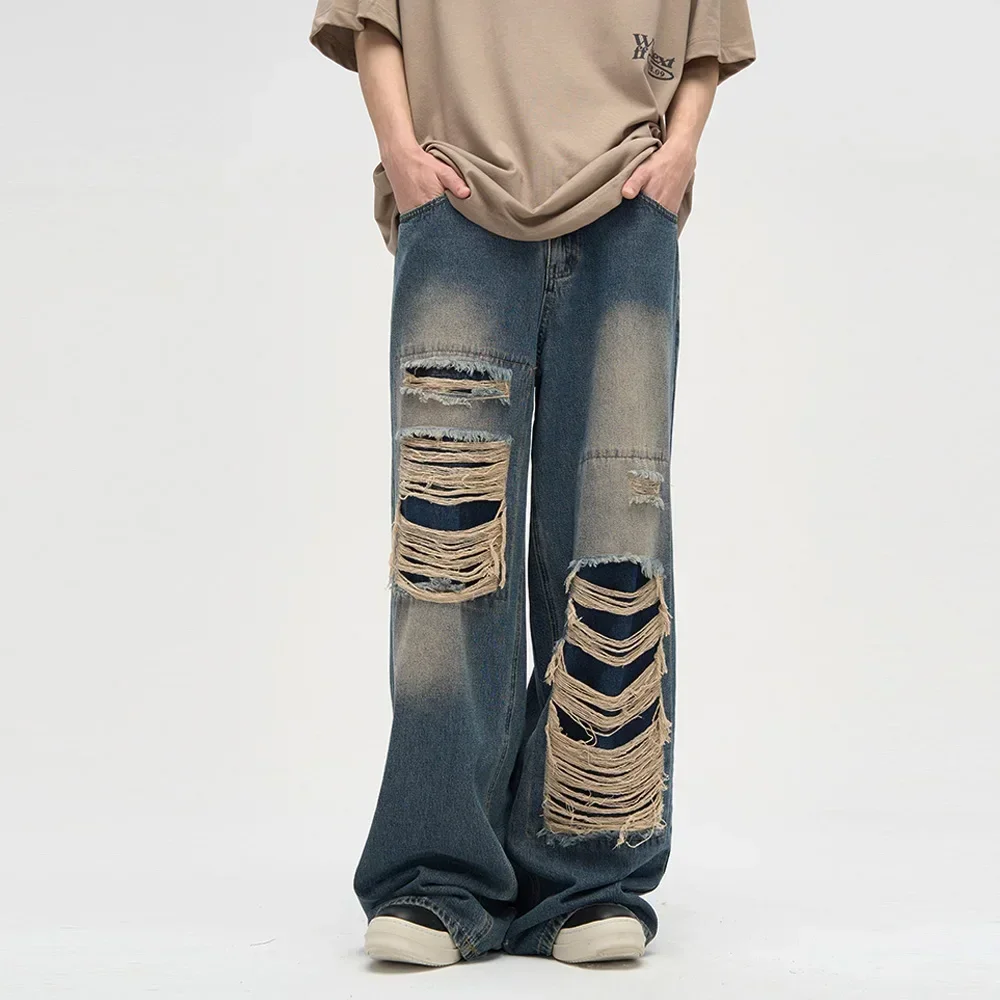 Мужские рваные черные джинсы Harajuku широкие брюки джинсовые мешковатые