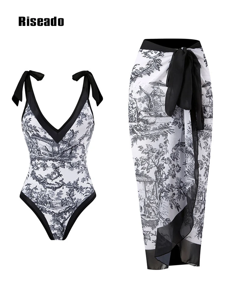 

Riseado, винтажный купальник, Цельный купальник с юбкой, купальный костюм с принтом для женщин, пляжная одежда, купальный костюм, лето
