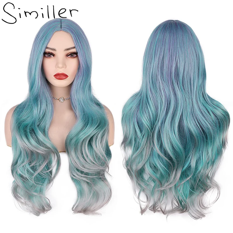Similler Synthetic Long Wavy Rainbow Wigs Bluish Green Hair Middle Part Multi-Color Mermaid Wig Heat Resistant for Daily