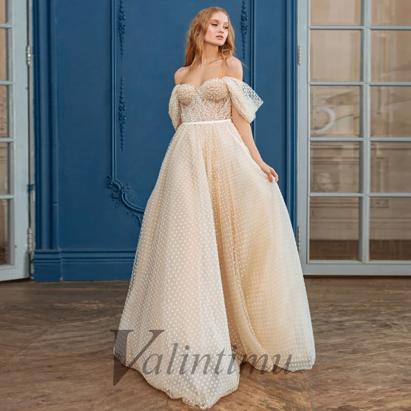 

Charming Ivory Color Polka Dot Homecoming Sweetheart Evening Dress Belt Off The Shoulder Customised Robes De Soirée Formal Prom