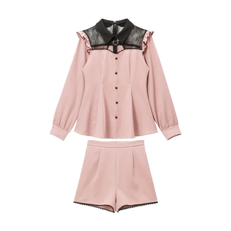 Кружевная блузка с длинным рукавом в японском стиле приталенная рубашка