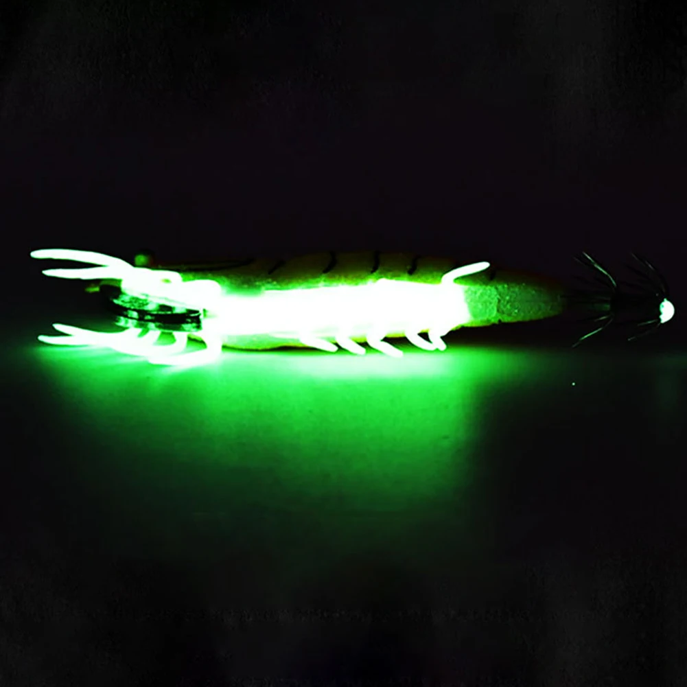 

3.0# Luminous Squid Bait Prawn Hook Wooden Bionic Shrimp Baits Fishing Lures 10x5cm For Saltwater Realistic 3D Eyes