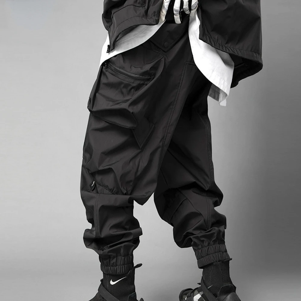 

Solid Color Drawstring Cargo Pants Hip Hop Tactical Functional Pants Casual Multi-Pocket Joggers Elastic Waist Streetwear Pants