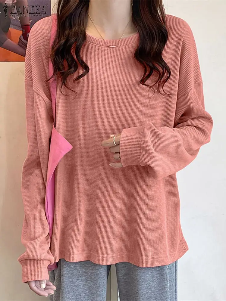 

Женские Модные топы большого размера ZANZEA, повседневные однотонные футболки, блузки, свободные топы с круглым вырезом и длинными рукавами, п...