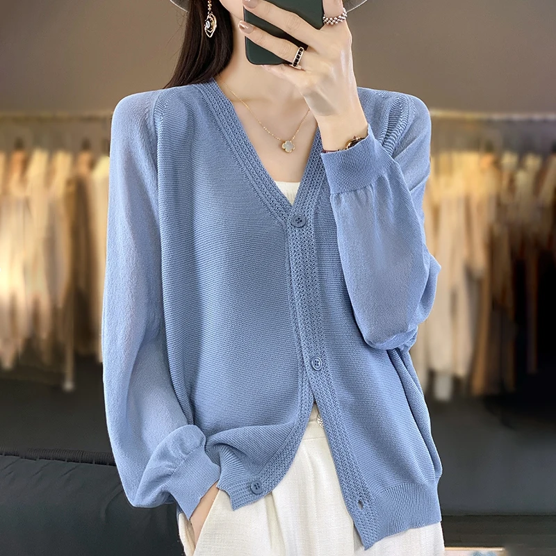

Spring Summer Sunscreen Cardigan Sweater Women V-neck Long Sleeve Top Casual Loose Style Knitwear New In Outerwears Mujer Clothe