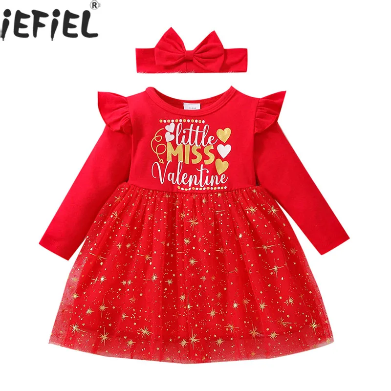 

Детское платье с длинным рукавом, красное платье с надписью, украшенное сверкающими звездами, с повязкой на голову, наряд для девочек на Ден...