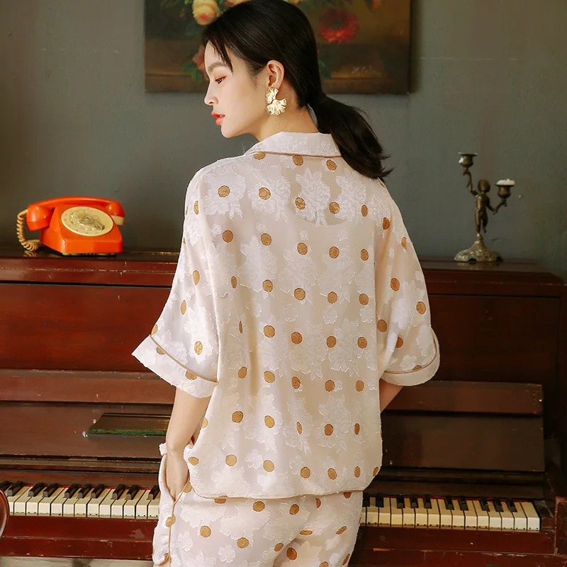 Summer Shorts Set Loose Women Silk Pyjamas Femme Satin Dots Pijama Vntage Print Sleepwear Short Sleeve Pajamas Casual Home Suit