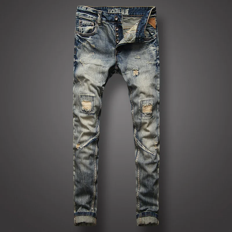 

Top Italian Style Quality Fashion Youth Street Biker Men Retro Vintage Denim Pants Destroyed Ripped Jeans Homme