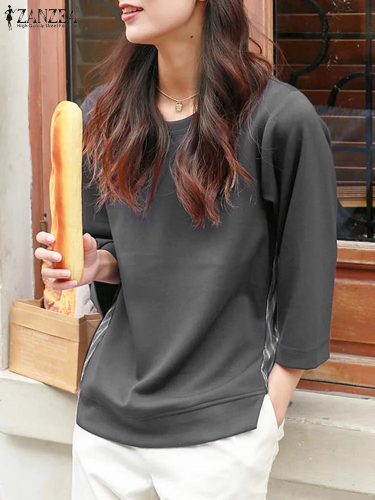 

Женские осенние полосатые топы ZANZEA, Повседневная рубашка с круглым вырезом и рукавом 3/4, корейская модная Лоскутная Блузка, женские праздничные блузы, рубашка