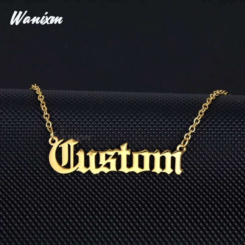 

Personalized Custom Gold Stainless Steel Classic Necklaces for Women Customized Name Old English Style Nameplate Jewelry Gifts