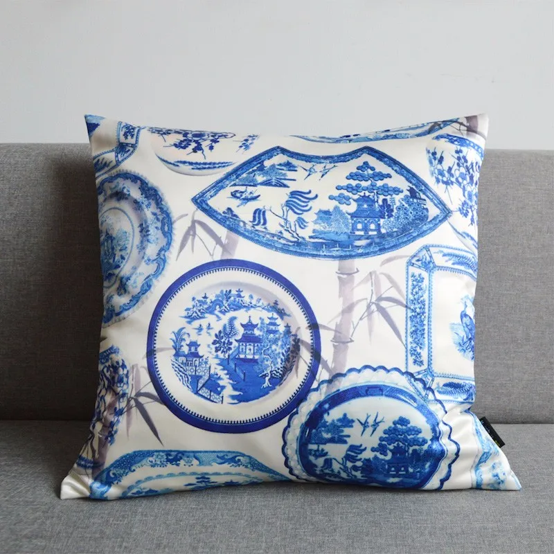 

Подушка в эстетическом китайском стиле, квадратная наволочка для подушки, винтажный китайский белый синий фарфоровый принт, художественный диван, стул