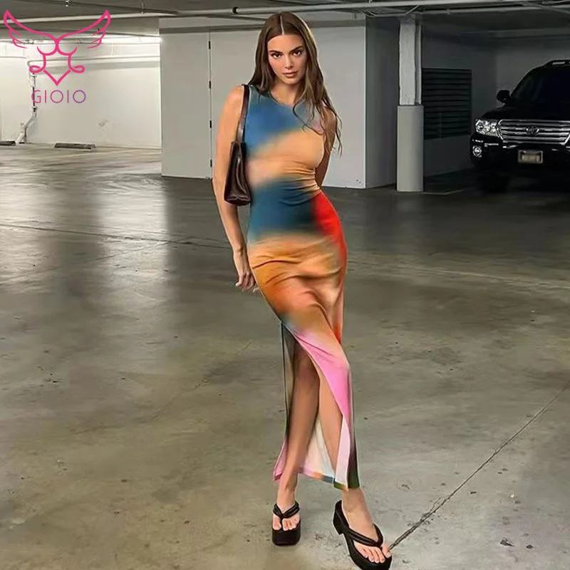 

GIOIO New Print Slit Round Neck Bag Hip Slim Sleeveless Dress Women Exotic Apparel Micro Bikini Extreme Wholesale Dropshiping