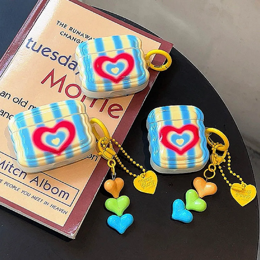 

Earphone Case For AirPods Pro 2 Case Stripe Color Contrast Heart Keychain Bluetooth Headset Box for AirPods 1/2/3 AirPod funda