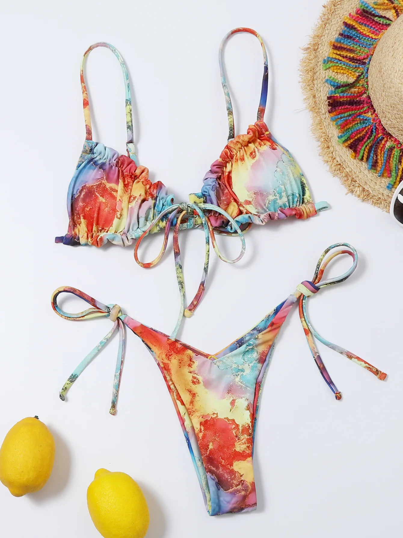 

2022 New European and American Split Triangle Sexy Bikini Swimsuit Sexy Print Tie Rope Swimsuit Women