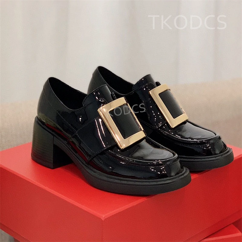 

New Top Quality Shoes For Woman Genuine Leather Loafers Chunky Heel Platform Square Metal Buckle Pumps Slip On Designer Shoes