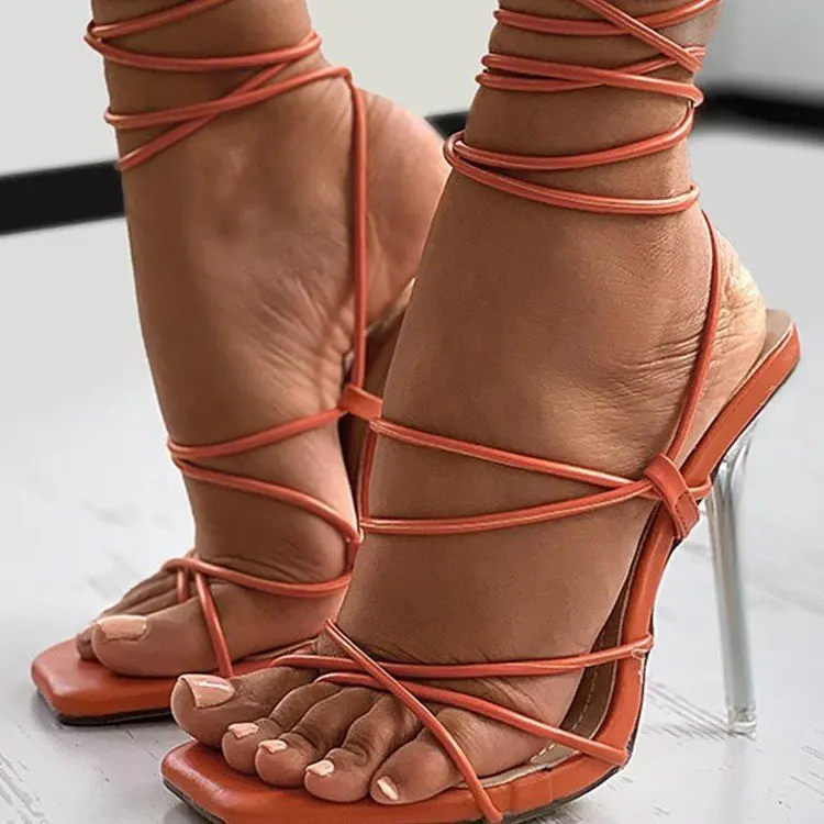 

Sexy Clear Crytal Heel Women Pumps Ankle Cross Strap Sandals Shoes Woman Ladies Square Toe High Heels Dress Party Shoes