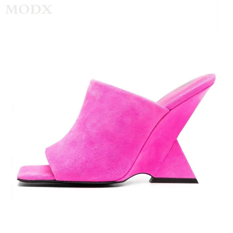 

2023 New Square Head Wedges Sandals Hollow Shaped Open Toe Large Size Slippers Female Suede Solid Color Summer Slip-on Shoes