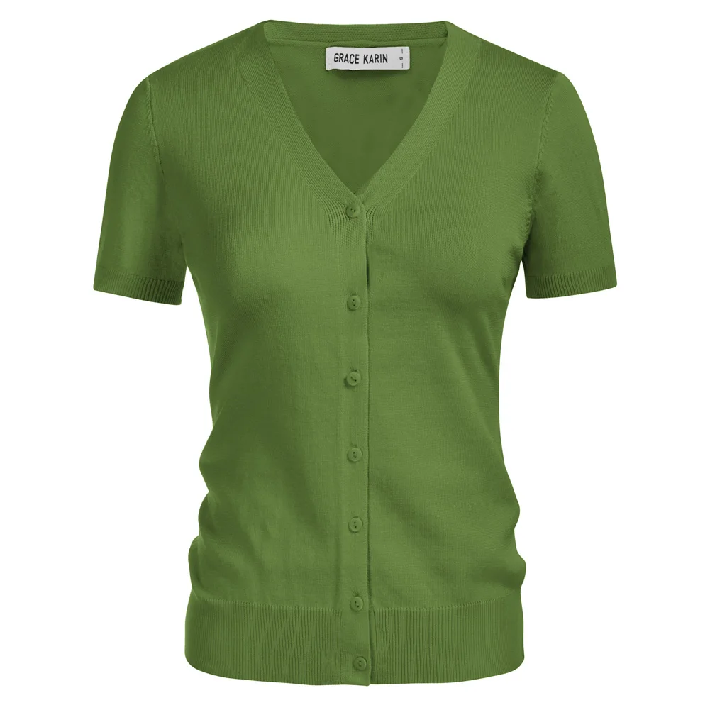 

GK Women Spring And Summer Cardigan Sweater Short Sleeve V Neck Button Up Knitwear Tops Elegant Lady Knit Soft T Shirt A20