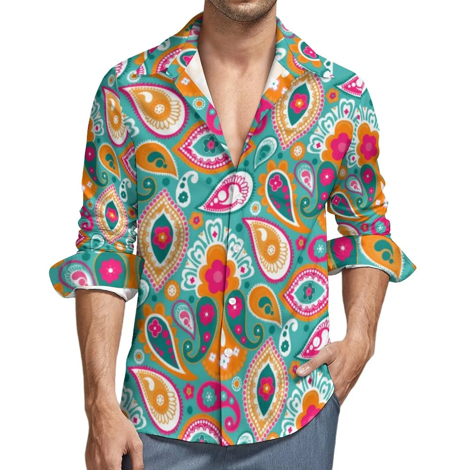 

Ретро 60s рубашка с принтом Пейсли 70s Boho повседневные рубашки с длинным рукавом графические эстетические блузки Весенняя новинка одежда оверсайз
