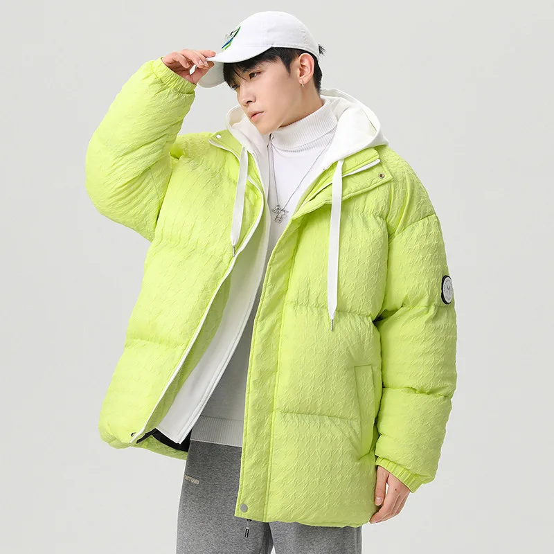 Winter Jackets Mens Fashion Fake Two-piece Hooded Jacket Windproof High Collar Color Matching Coat Houndstooth Padded Jacket