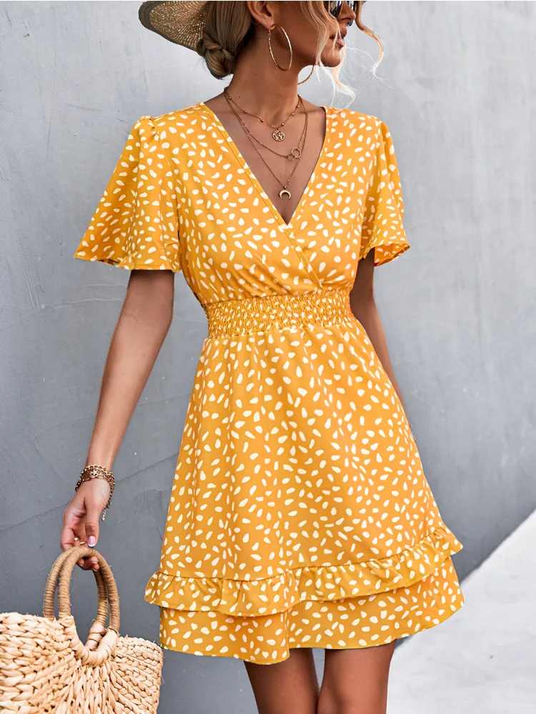 

New Summer Dress Women Sexy Mini Dress V-Neck Ruffled Sleeve Waist-Hugging Wrap Dress Vintage Dress Birthday Dress for Women