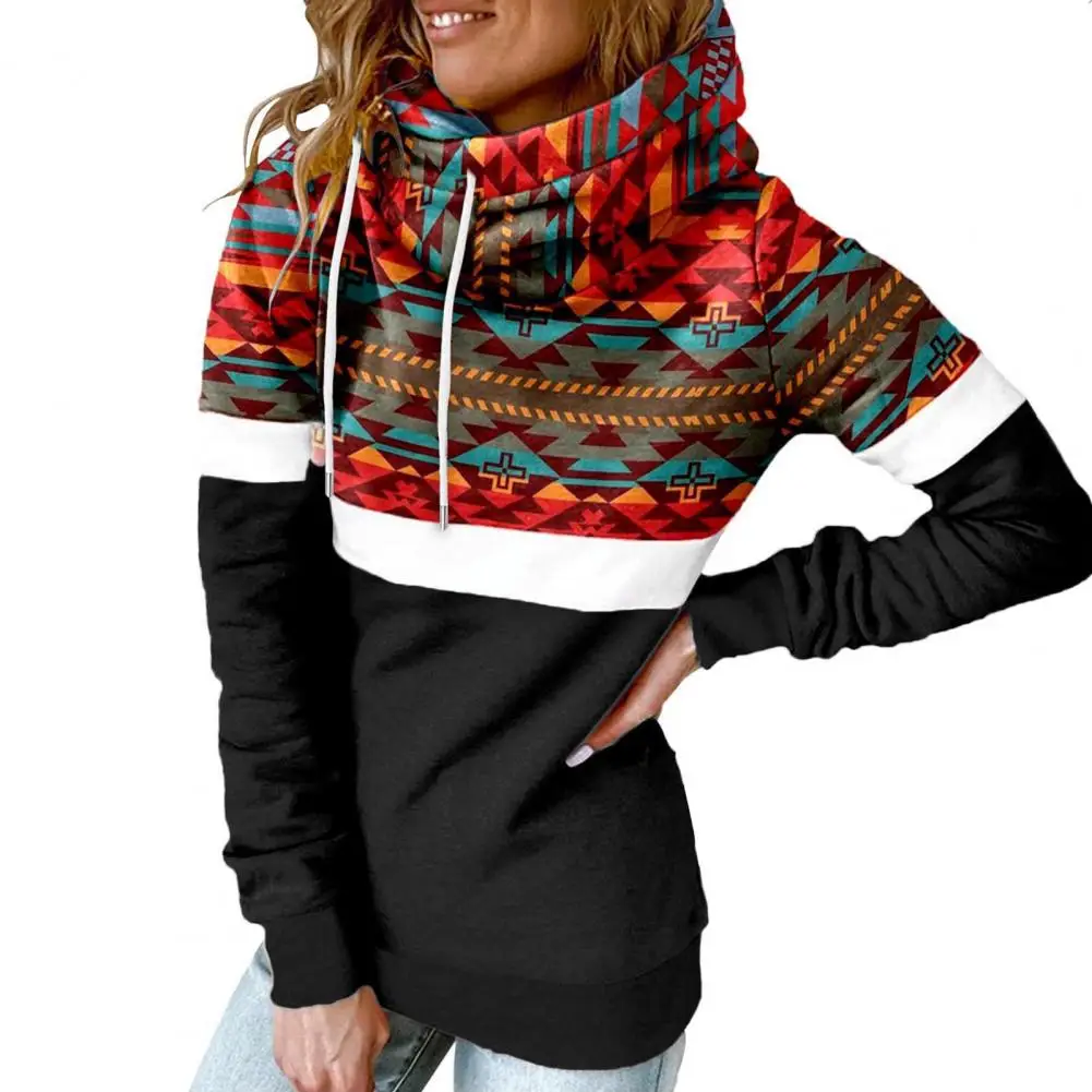 

Stylish Pullover Hoodie Warm Sweatshirt Top Mid-length Autumn Winter Lady Casual Ethnic Print Pullover Hoodie Coldproof