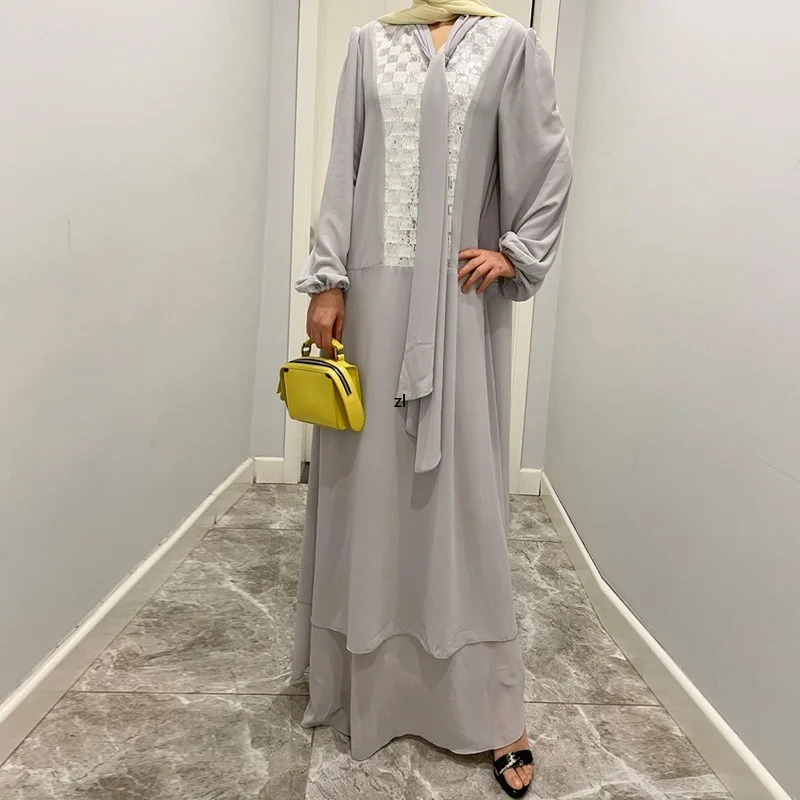 Summer Sequin Chiffon Arabic Long Dress for Muslim Women Dubai Abaya Turkey Pakistani Islamic Clothing African Dresses for Women