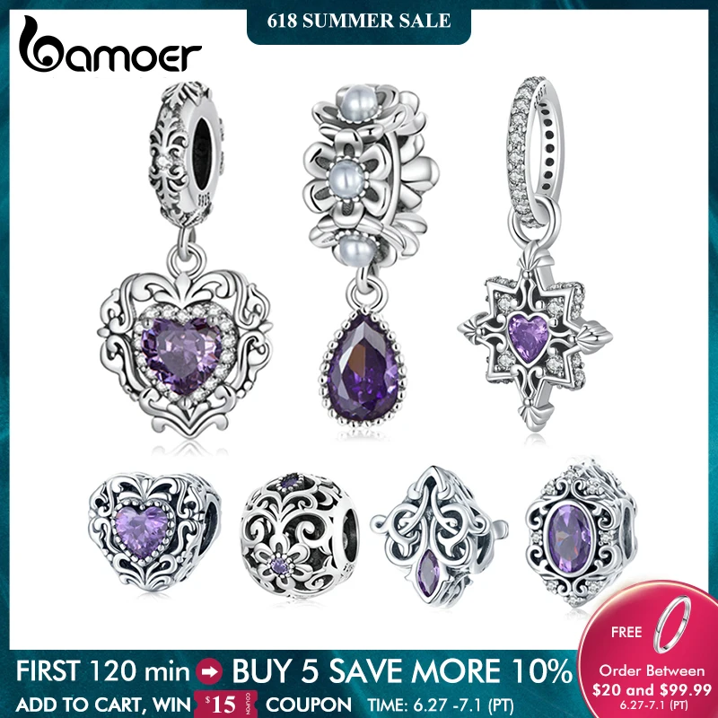 

BAMOER 925 Sterling Silver Purple Shining Stone Collection Charms Love Drop Pendant fit for Charm Bracelet Vintage Pattern Beads