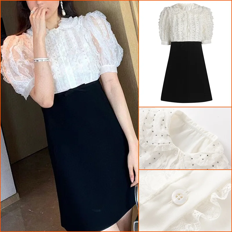 

Lace Dress Women's 2022 Early Spring Fashion High Quality Stitching Short-sleeved Dress