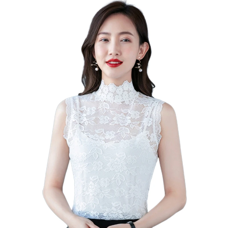 

Women Peony Flower Lace Detachable Collar Solid Color Mock Neck Half Shirt Blouse Scalloped Trim Slim Dickey Tank Top