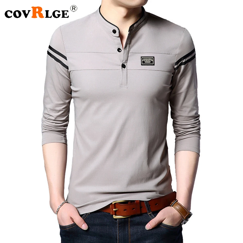 

Covrlge New Autumn Men Mandarin Collar Long Sleeve Tshirts Trend Slim Korean Style Polo Shirt Labelling Male Tops for Spring