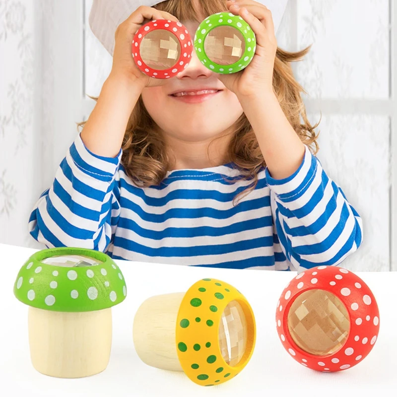 

4 PCS Wooden Mushroom Kaleidoscope Toys Baby Puzzle Exploration Toys Multi-Angle Mirror Colorful Magic World For Kid