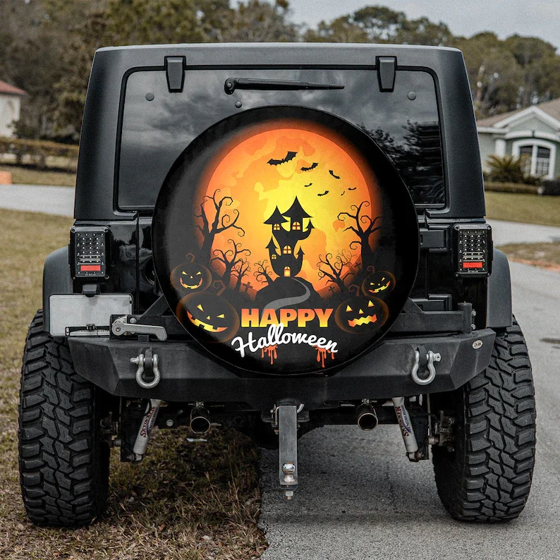

Halloween Jeep - Happy Halloween Castle In Full Moon Gift For Him, Halloween Gift, Personalized Spare Tire Cover,