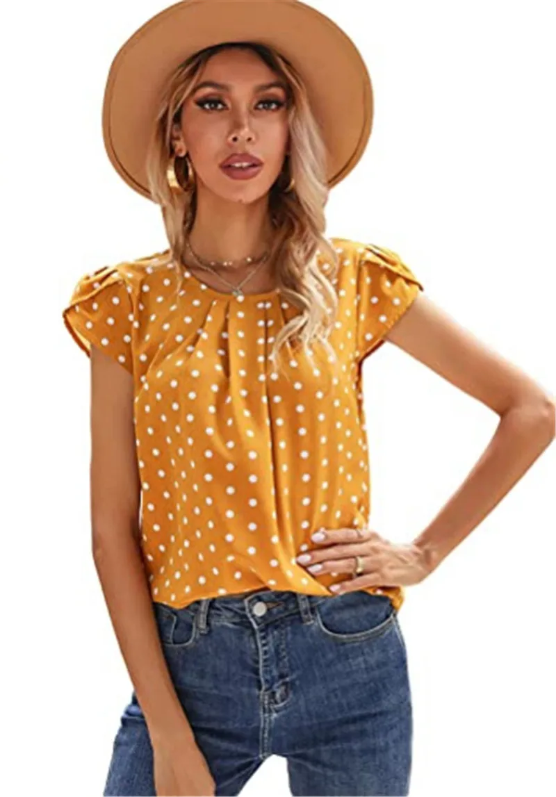 

Polka Dot Print Round Neck Short Sleeves Ladies Shirts 2022 New Summer Thin Women T shirt Tops Casual Beach Party Chiffon Tshirt