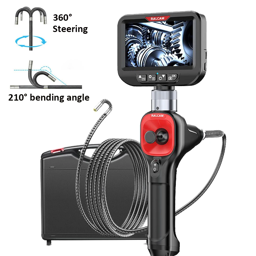 Шарнирный бороскоп Ralcam с углом поворота 360 °, IP67, 4,3 дюйма, IPS-экран, объектив 6,2 мм, 4-сторонний рулевой автомобильный эндоскоп, Инспекционная камера