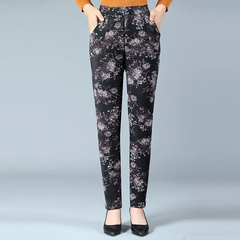 

Women 2022 Autumn Winter New Middle Age Mother Print Pants Female Plus Velvet Trousers Ladies Casual Elastic Waist Pants C22