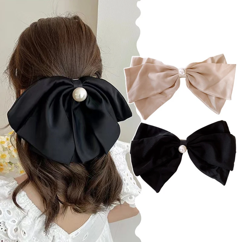 

Pearl Big Bowknot Hair Clips for Girls Barrette Korean Fashion Black Beige Spring Ponytail Clip Hairpins Women Headwear