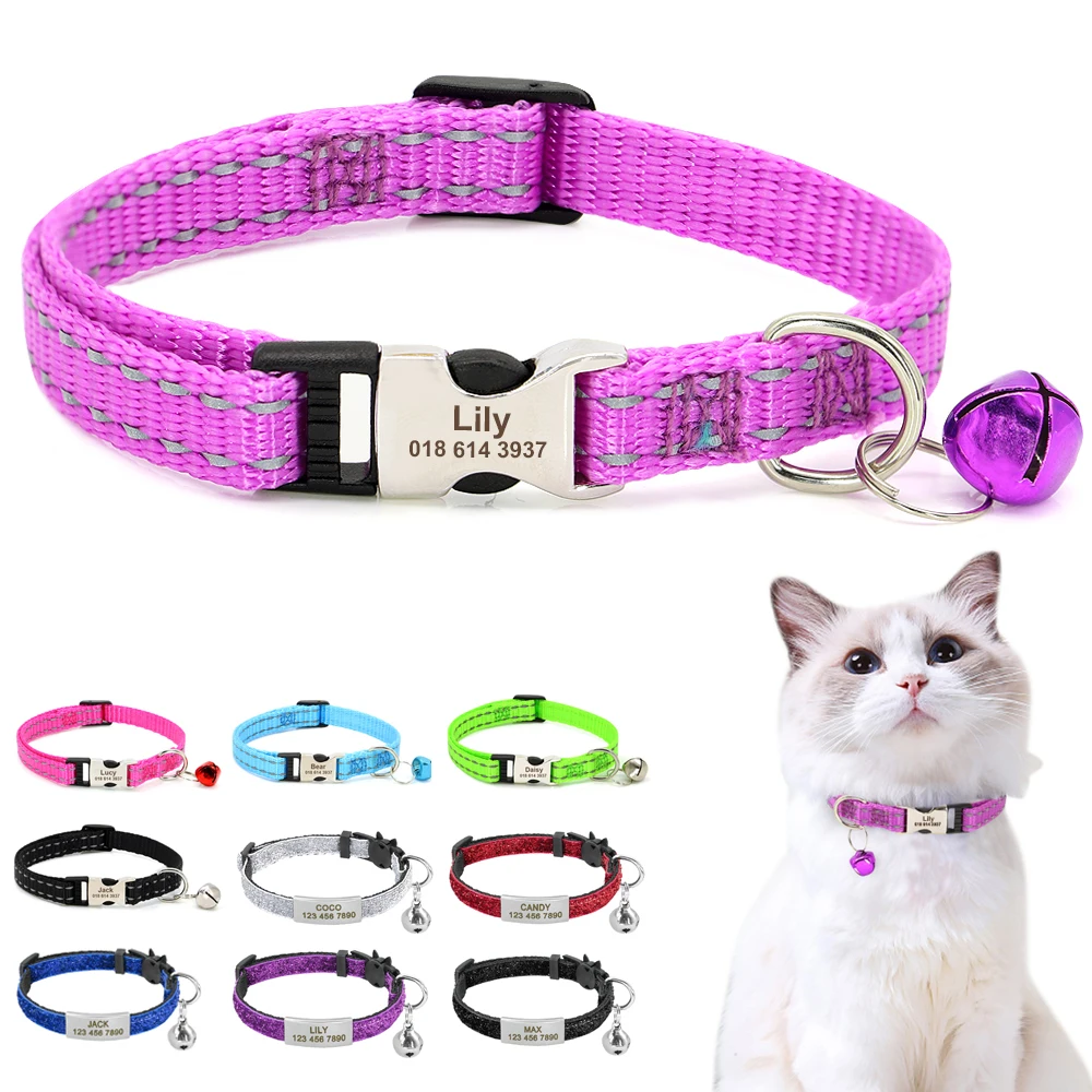 

Personalized Cat Collar Free Engraved Pet ID Collars Adjustable Nylon Cat Necklace For Small Dogs Puppy Kitten With Cute Bell
