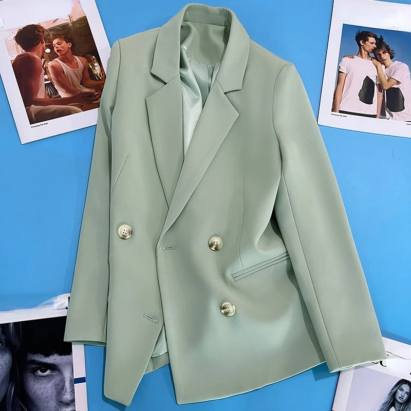 Green Women Blazers Summer New Design 2022 Loose Turn-Down Collar Long-Sleeved Elegant Office Lady Outwear Coats Tops