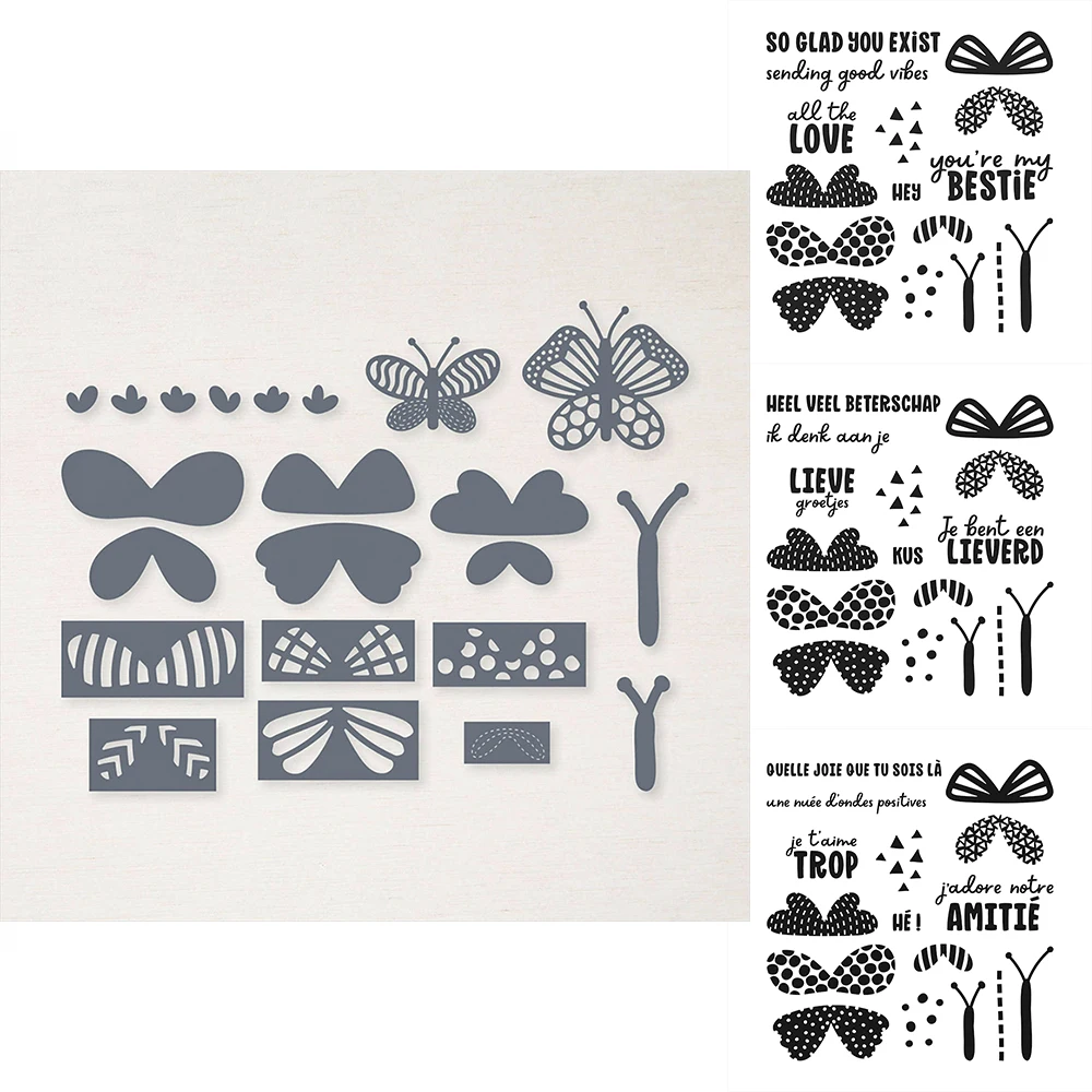

Butterflies Wings Cutting Dies with Clear Stamps Letters Words English Dutch French DIY Crafting Making Embossing Dies 2022 NEW
