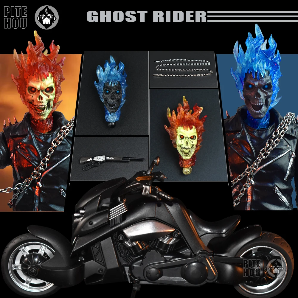 23 см ПВХ Мотоцикл Ghost Rider Nicolas Cage с двумя головами, вырезанным рисунком, фигурка периферии Marvel Movies, подвижная модель игрушки в подарок.