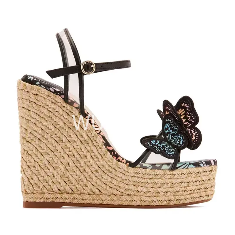 Colorful 3D Butterfly Red Wedge Sandals Women Espadarille Platform Sandals Riband Design Hollow Sexy Heels Ruffle Appliques Shoe