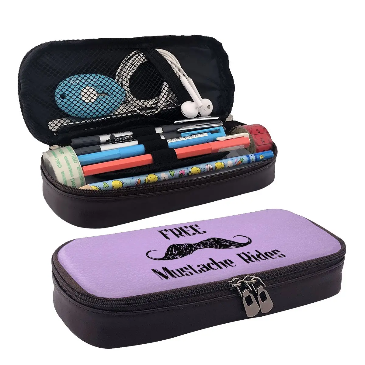 

Free Mustache Rides Leather Pencil Case Zipper Pencil Box Stationery Pen Pouch for Boys Girls School Students Work Office